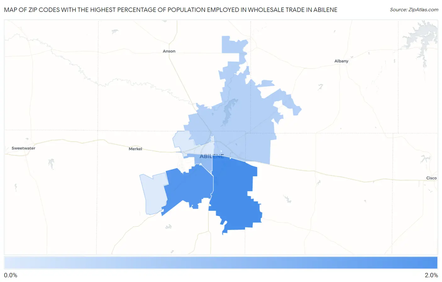 Zip Codes with the Highest Percentage of Population Employed in Wholesale Trade in Abilene Map