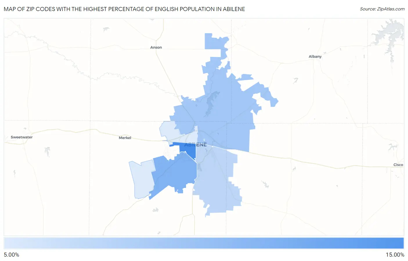 Zip Codes with the Highest Percentage of English Population in Abilene Map