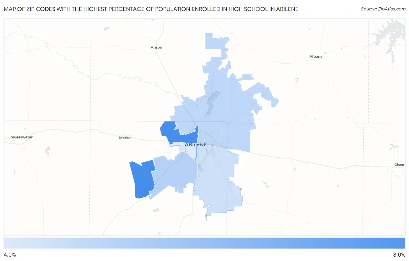 Zip Codes with the Highest Percentage of Population Enrolled in High School in Abilene Map