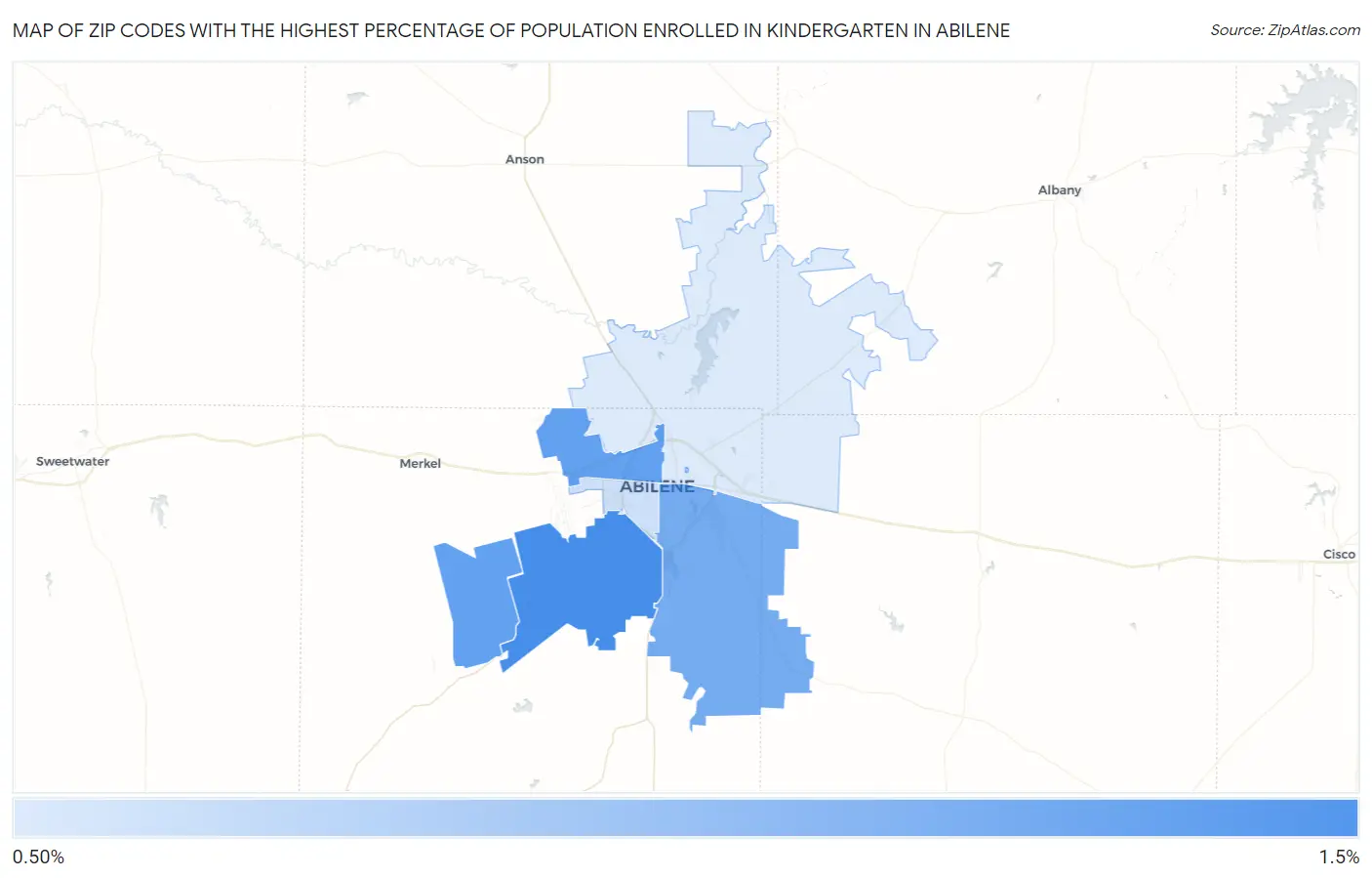 Zip Codes with the Highest Percentage of Population Enrolled in Kindergarten in Abilene Map