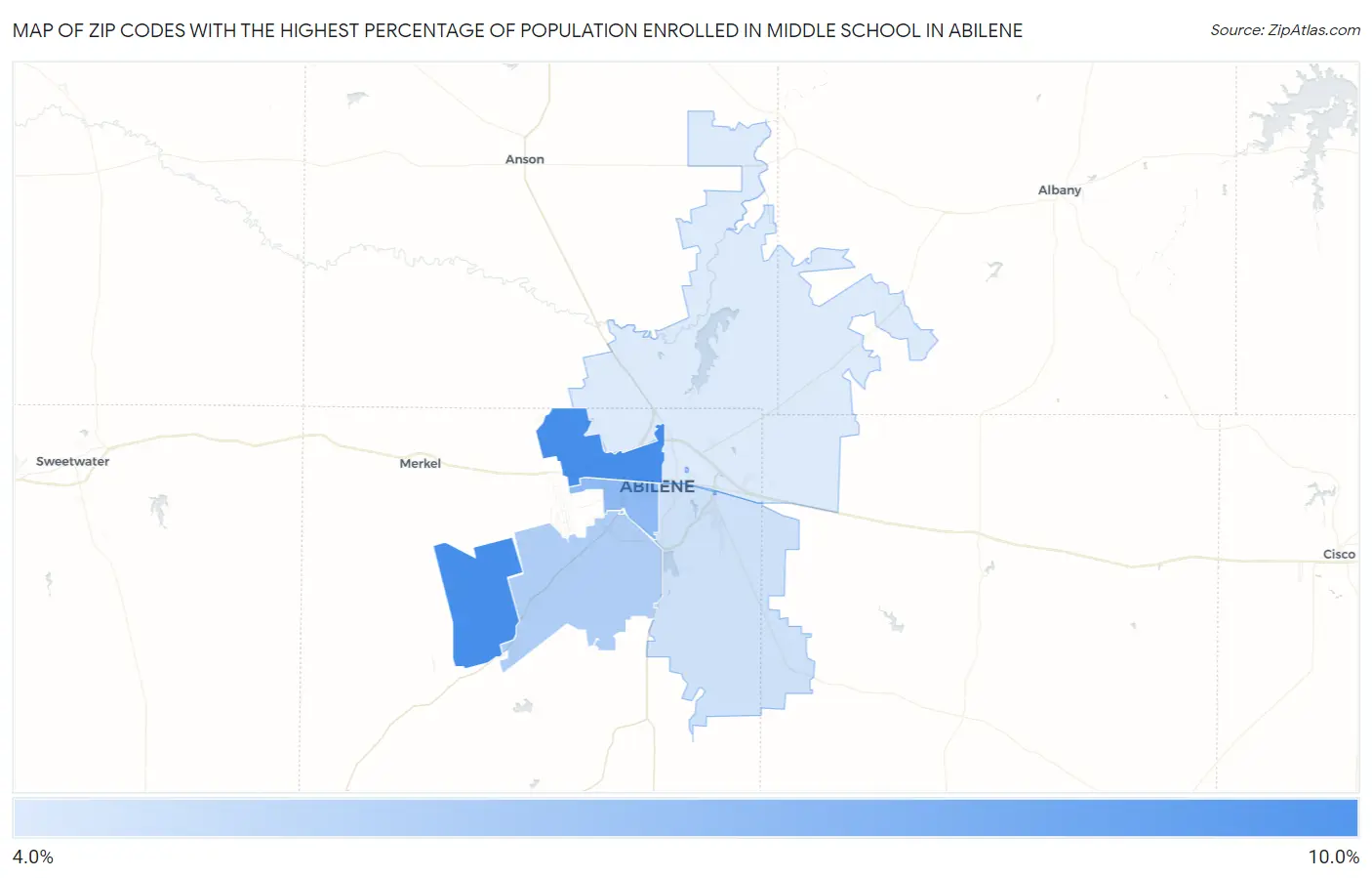 Zip Codes with the Highest Percentage of Population Enrolled in Middle School in Abilene Map