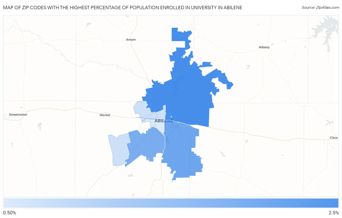 Zip Codes with the Highest Percentage of Population Enrolled in University in Abilene Map