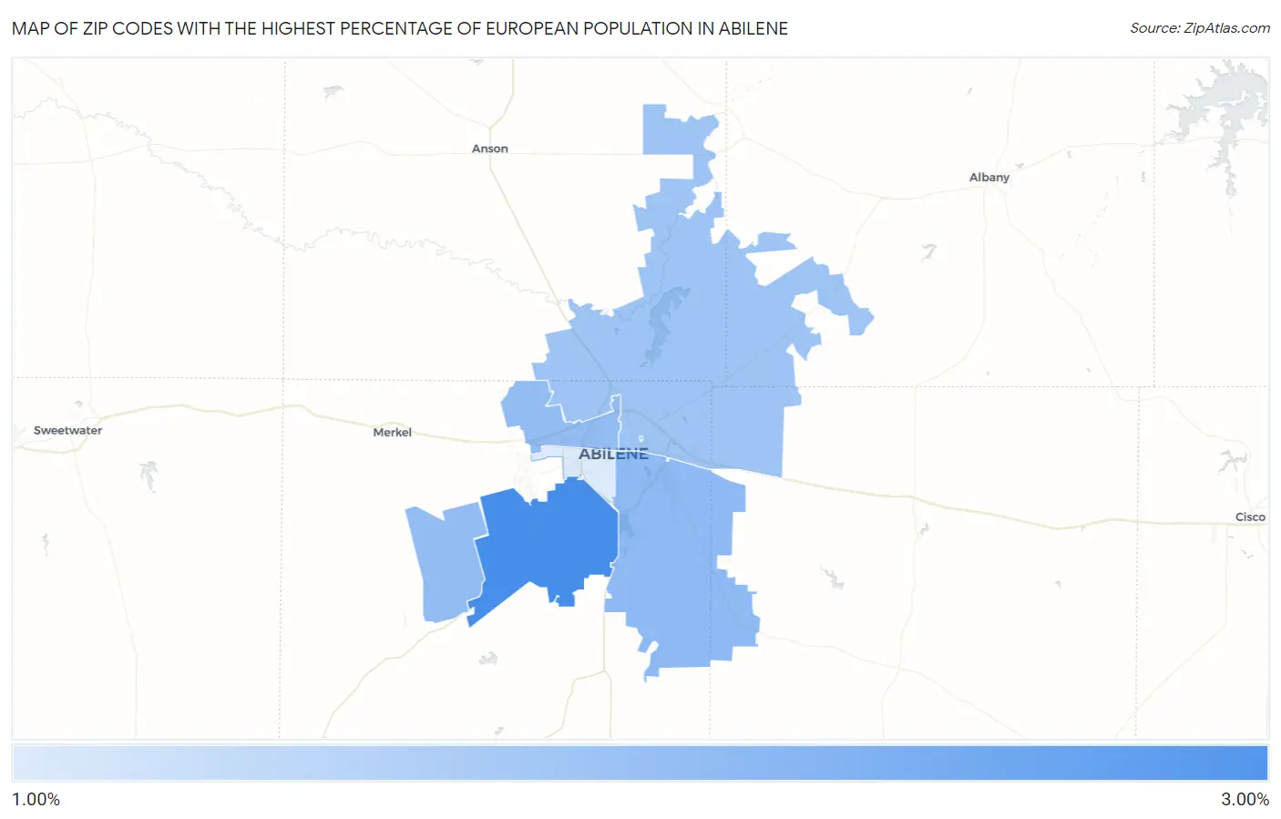 Zip Codes with the Highest Percentage of European Population in Abilene Map