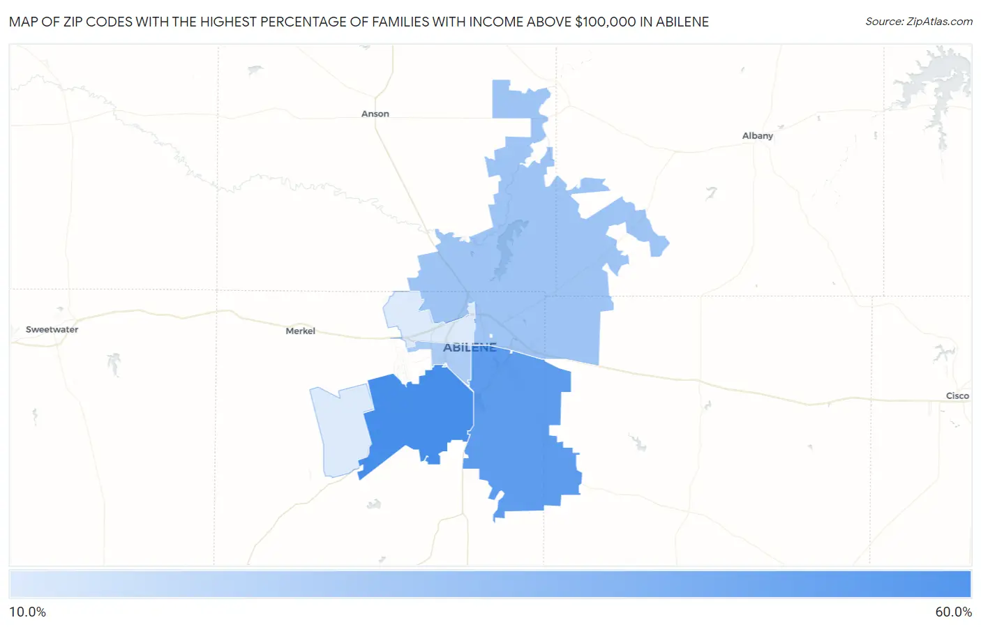 Zip Codes with the Highest Percentage of Families with Income Above $100,000 in Abilene Map