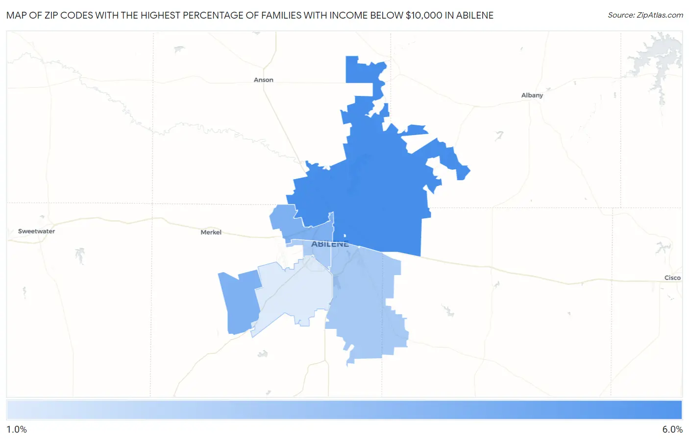 Zip Codes with the Highest Percentage of Families with Income Below $10,000 in Abilene Map
