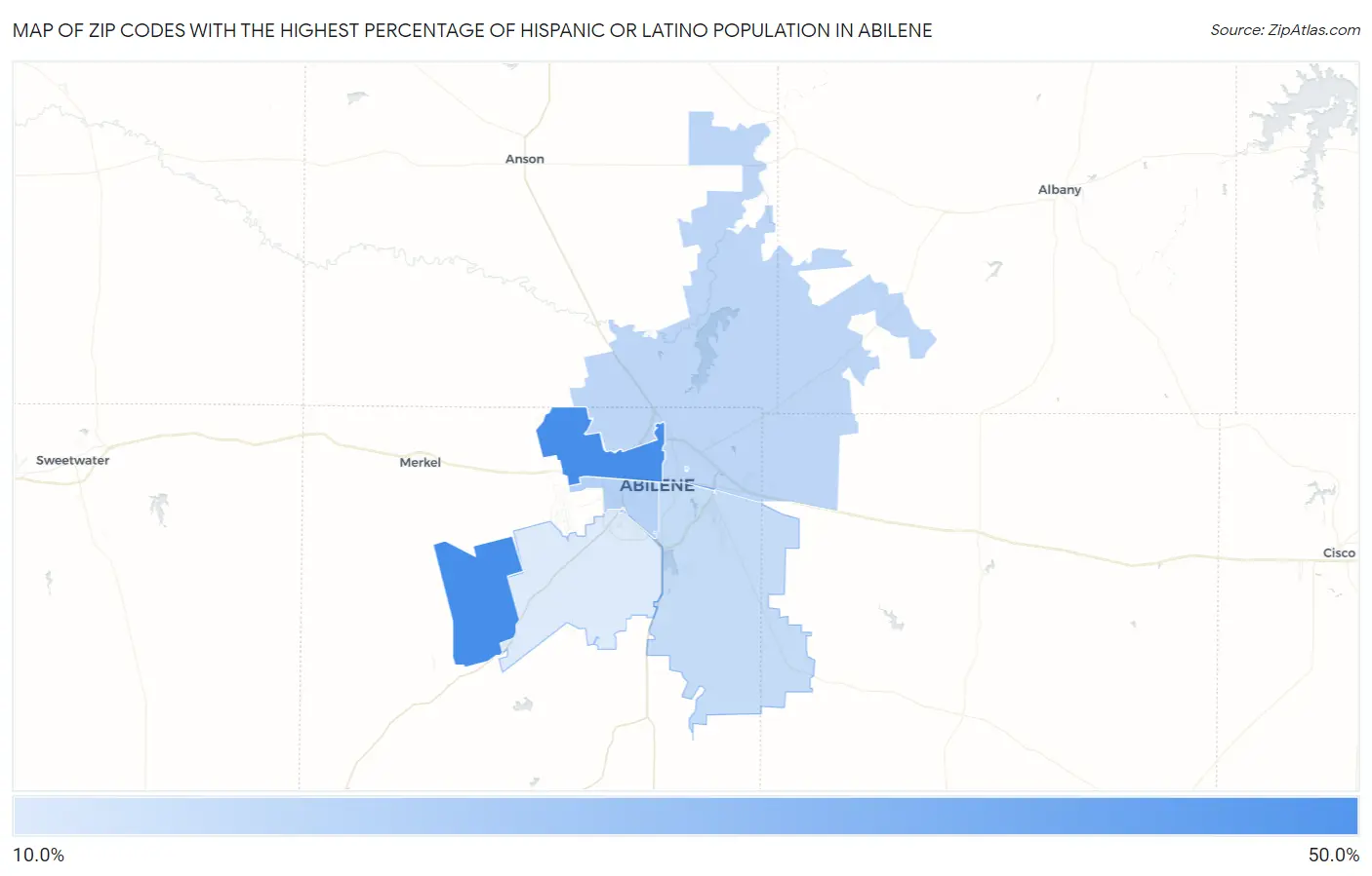 Zip Codes with the Highest Percentage of Hispanic or Latino Population in Abilene Map