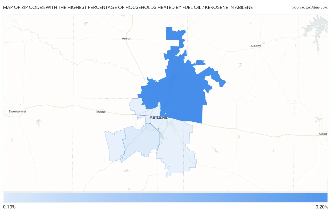 Zip Codes with the Highest Percentage of Households Heated by Fuel Oil / Kerosene in Abilene Map