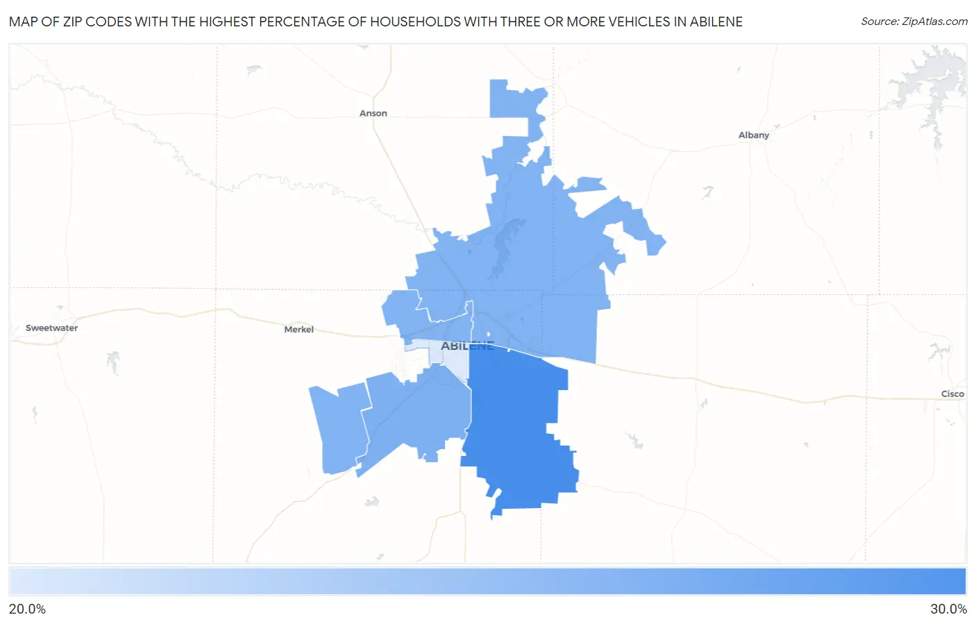 Zip Codes with the Highest Percentage of Households With Three or more Vehicles in Abilene Map
