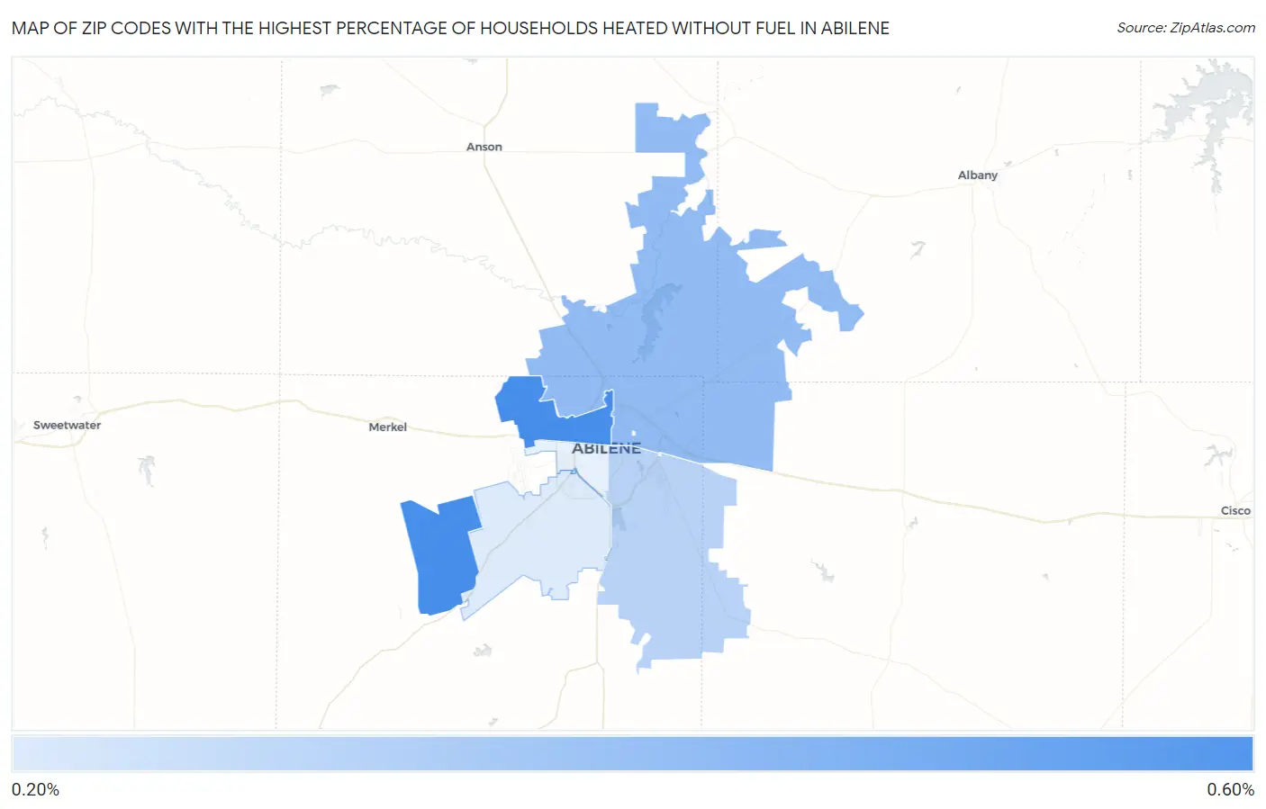 Zip Codes with the Highest Percentage of Households Heated without Fuel in Abilene Map