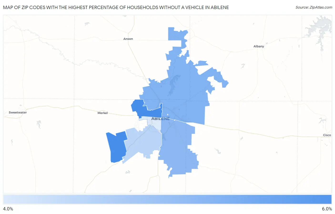 Zip Codes with the Highest Percentage of Households Without a Vehicle in Abilene Map
