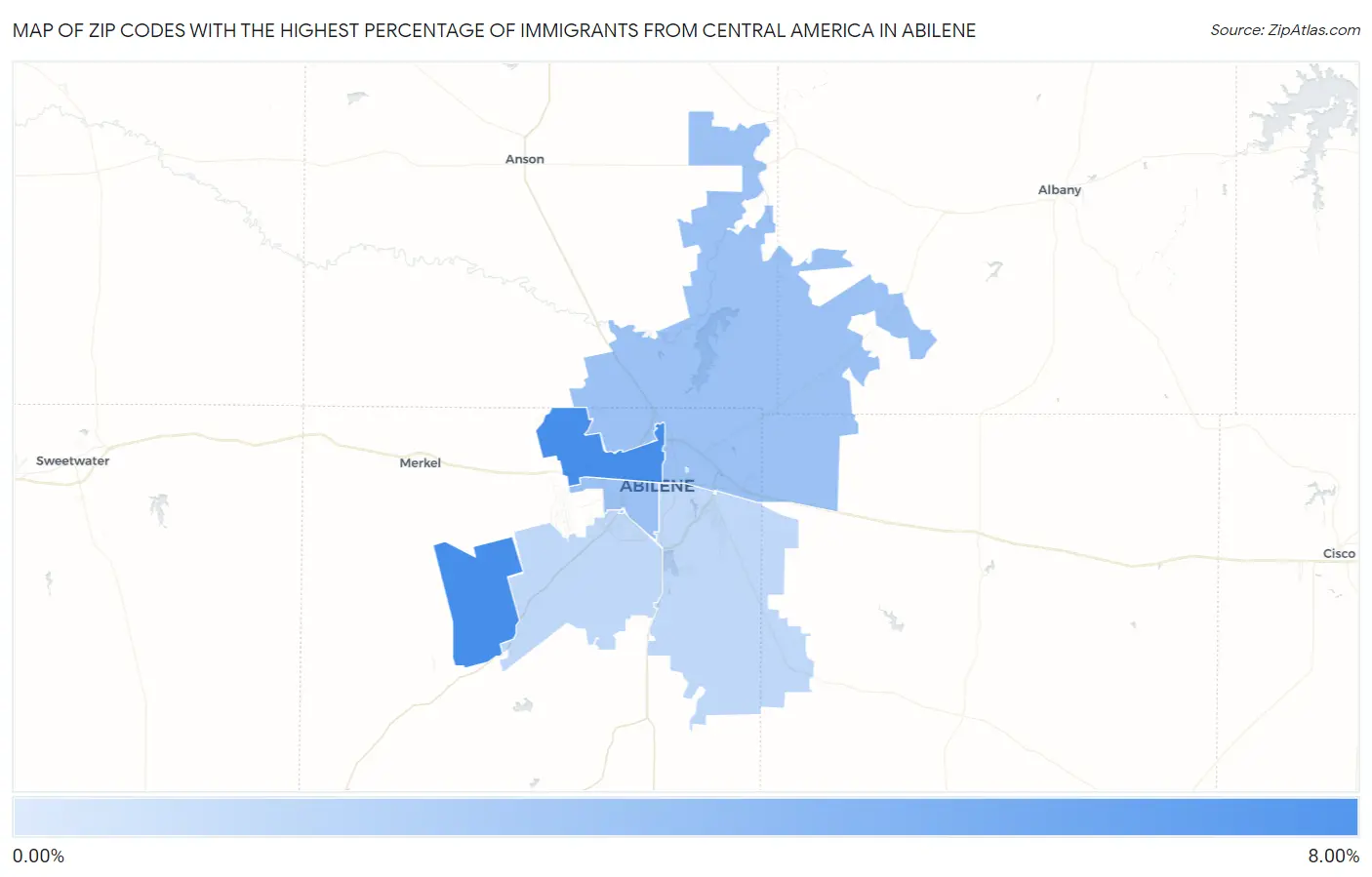 Zip Codes with the Highest Percentage of Immigrants from Central America in Abilene Map