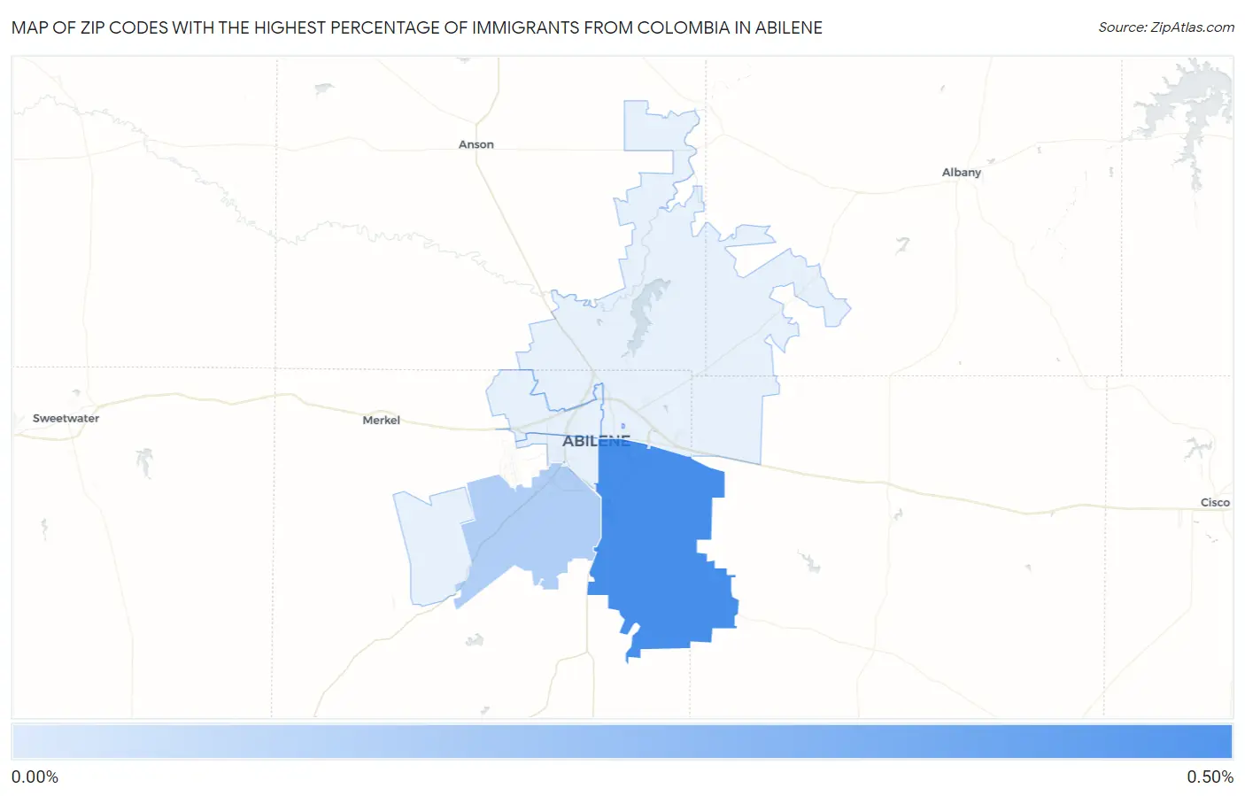 Zip Codes with the Highest Percentage of Immigrants from Colombia in Abilene Map