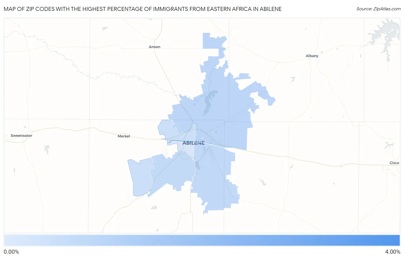 Zip Codes with the Highest Percentage of Immigrants from Eastern Africa in Abilene Map