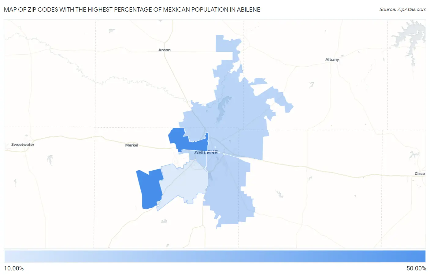 Zip Codes with the Highest Percentage of Mexican Population in Abilene Map