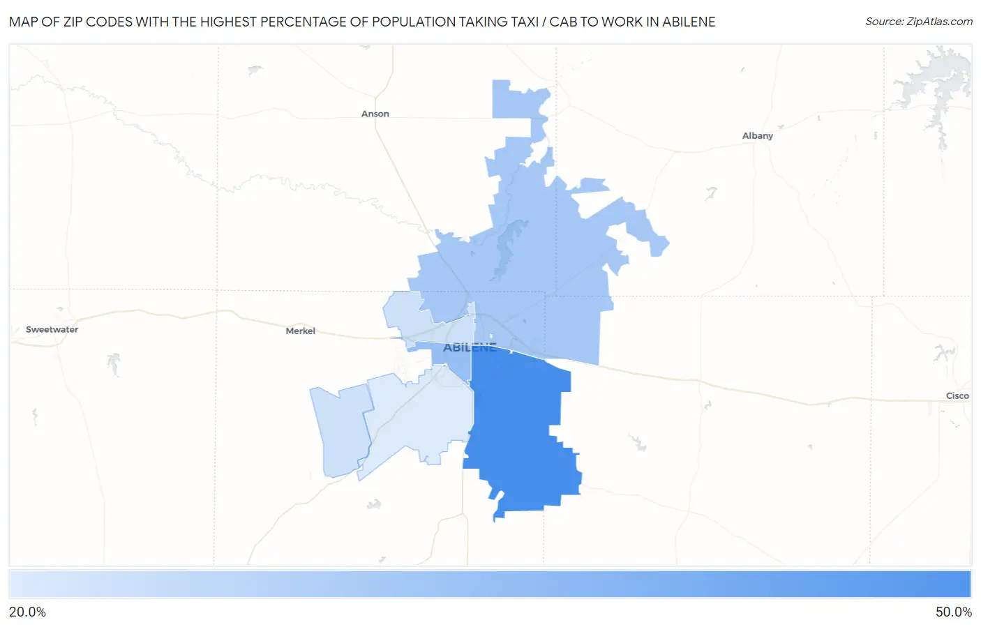 Zip Codes with the Highest Percentage of Population Taking Taxi / Cab to Work in Abilene Map