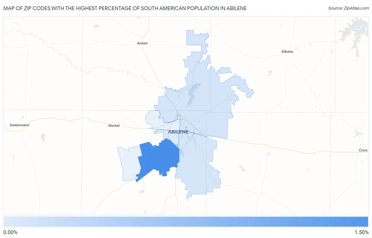 Zip Codes with the Highest Percentage of South American Population in Abilene Map