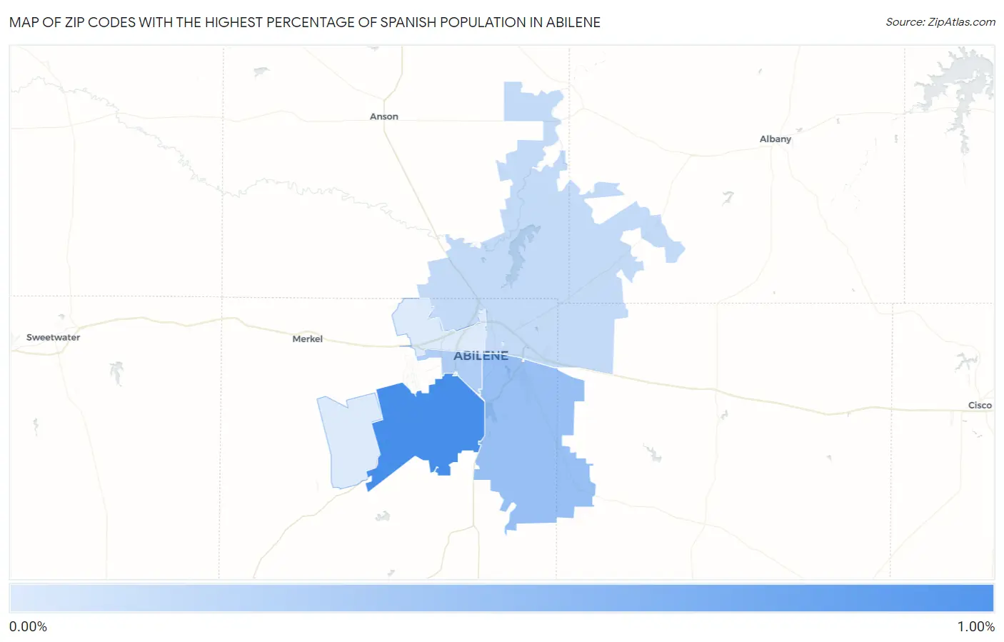 Zip Codes with the Highest Percentage of Spanish Population in Abilene Map