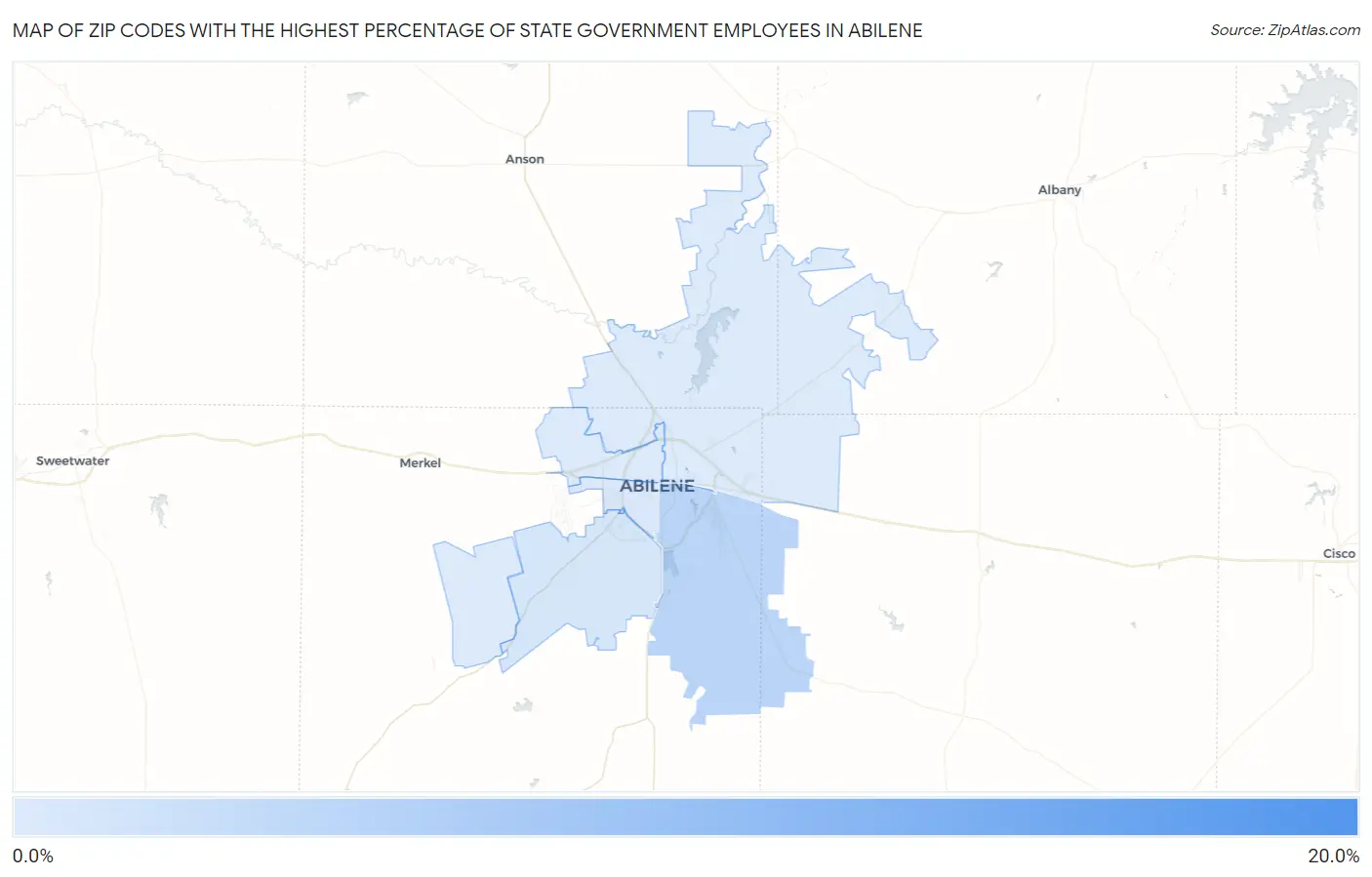 Zip Codes with the Highest Percentage of State Government Employees in Abilene Map