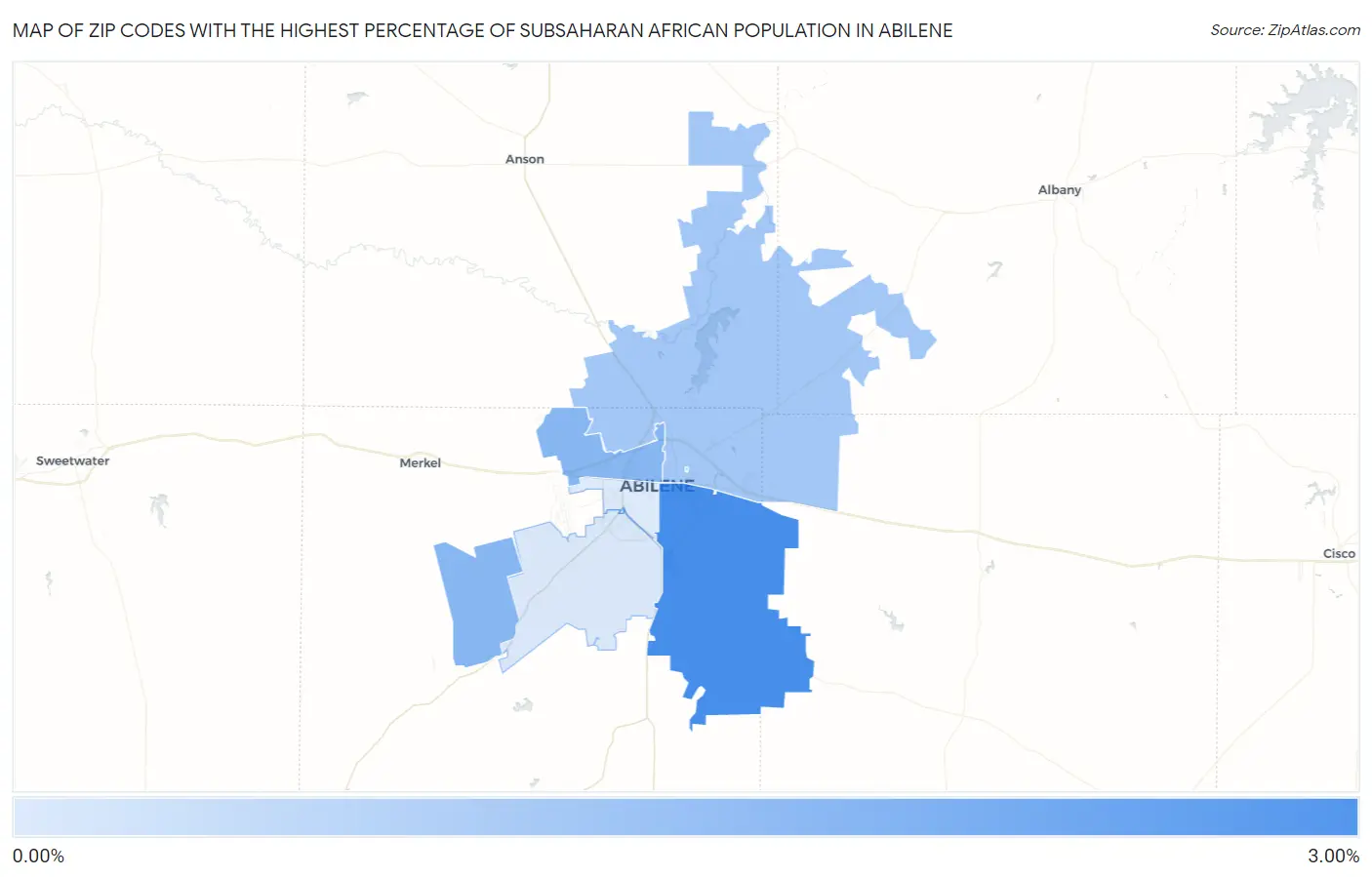 Zip Codes with the Highest Percentage of Subsaharan African Population in Abilene Map