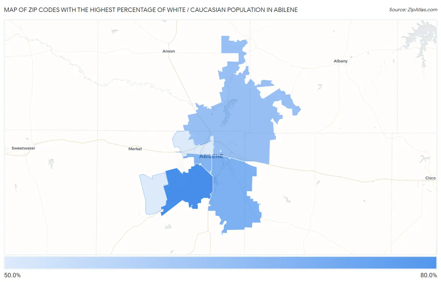 Zip Codes with the Highest Percentage of White / Caucasian Population in Abilene Map