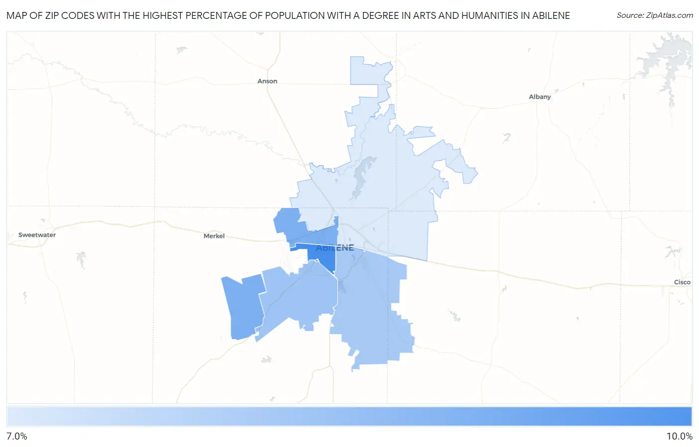Zip Codes with the Highest Percentage of Population with a Degree in Arts and Humanities in Abilene Map