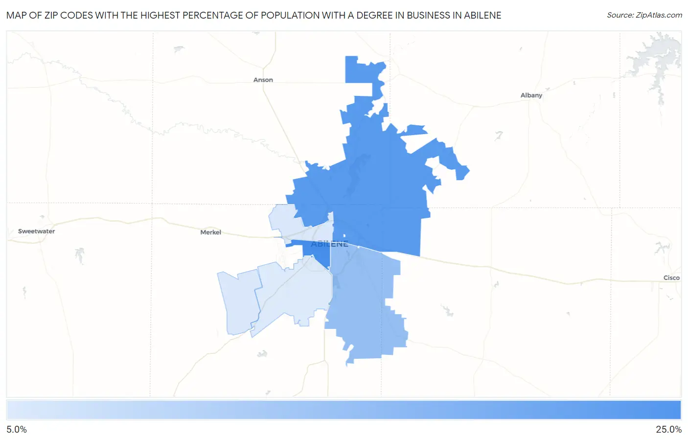 Zip Codes with the Highest Percentage of Population with a Degree in Business in Abilene Map