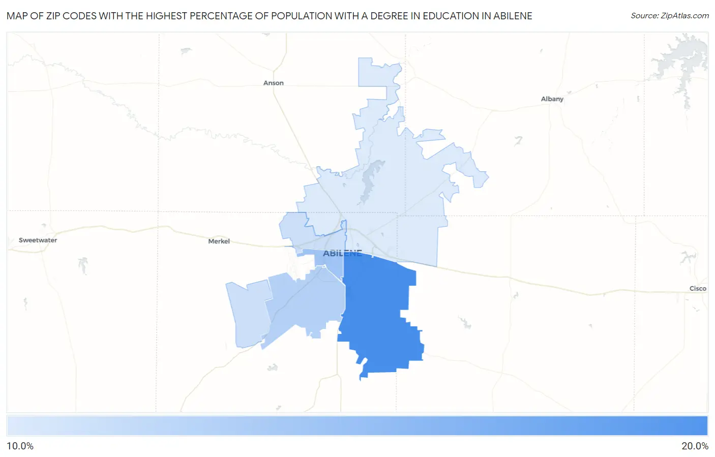 Zip Codes with the Highest Percentage of Population with a Degree in Education in Abilene Map