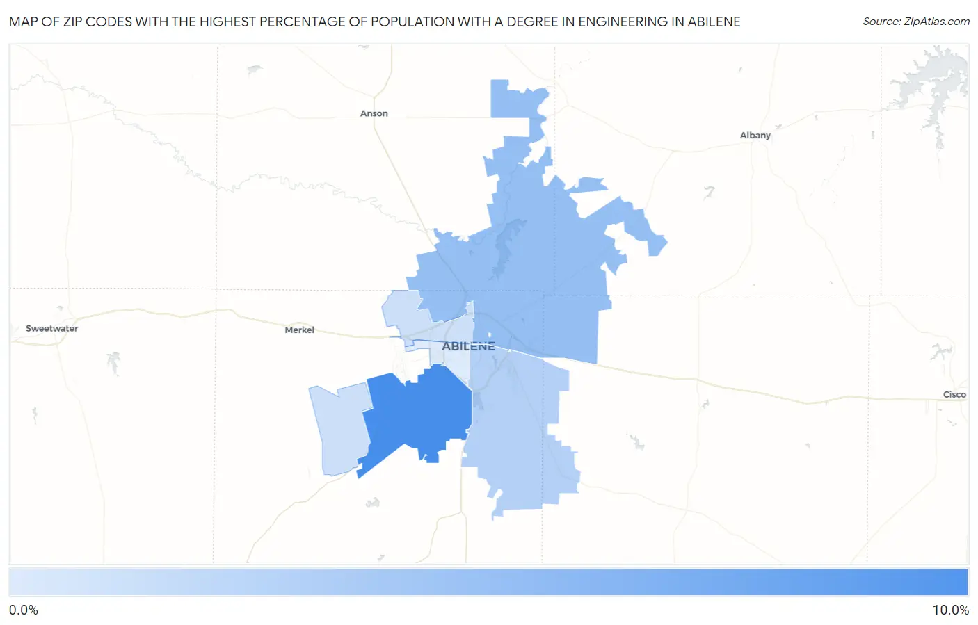Zip Codes with the Highest Percentage of Population with a Degree in Engineering in Abilene Map
