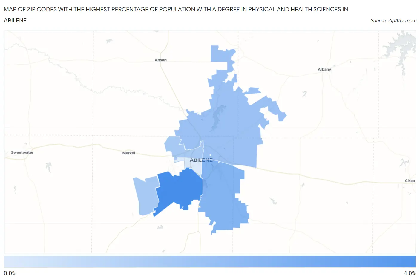 Zip Codes with the Highest Percentage of Population with a Degree in Physical and Health Sciences in Abilene Map