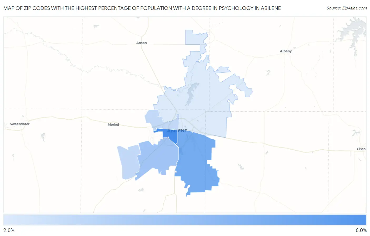 Zip Codes with the Highest Percentage of Population with a Degree in Psychology in Abilene Map