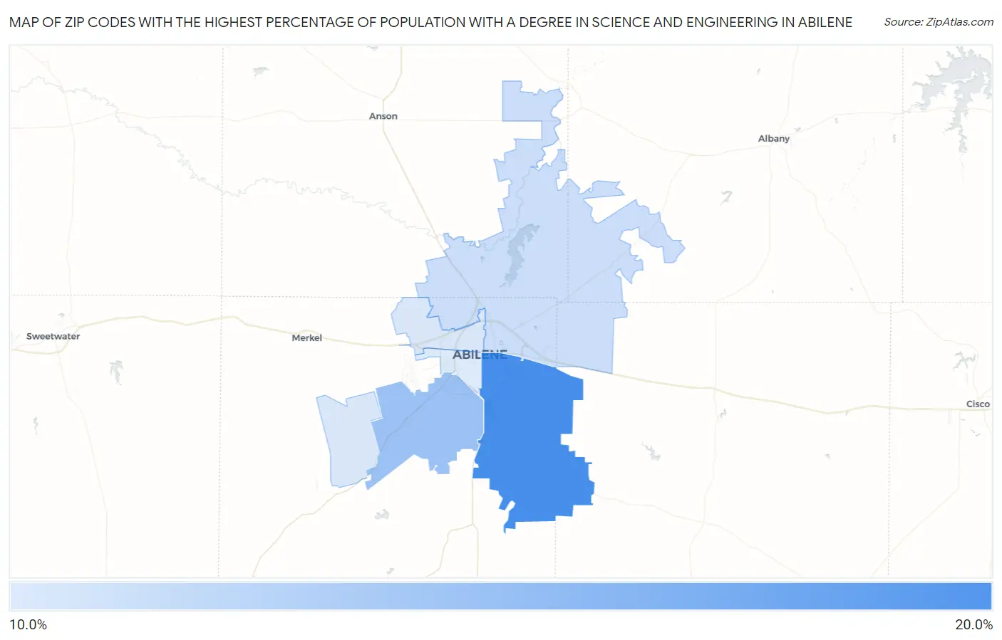 Zip Codes with the Highest Percentage of Population with a Degree in Science and Engineering in Abilene Map