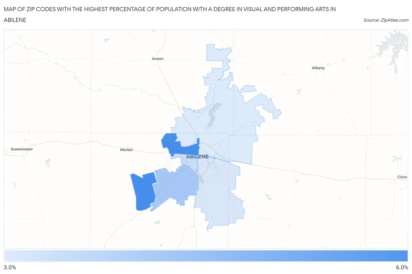 Zip Codes with the Highest Percentage of Population with a Degree in Visual and Performing Arts in Abilene Map