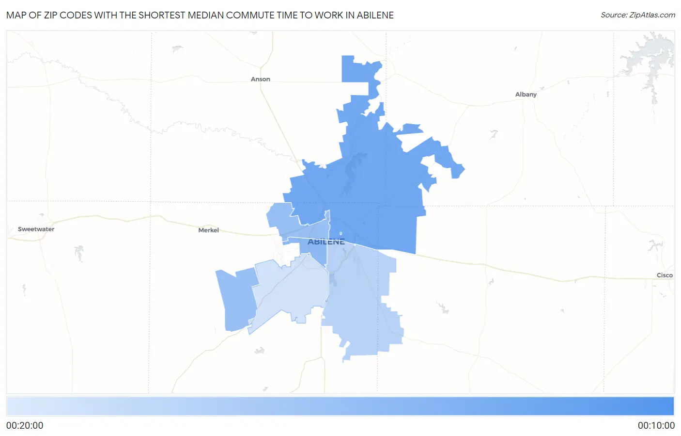 Zip Codes with the Shortest Median Commute Time to Work in Abilene Map