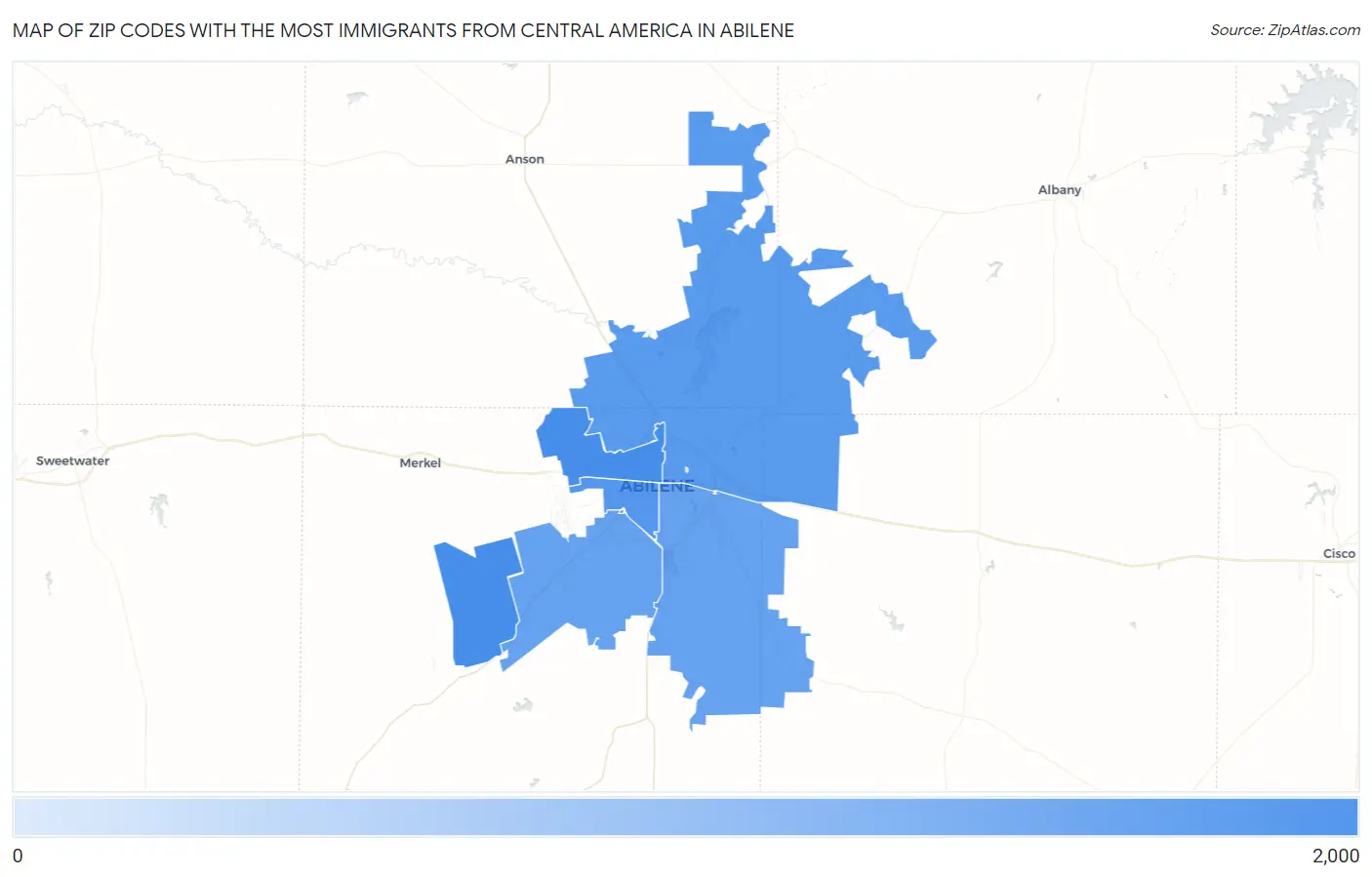 Zip Codes with the Most Immigrants from Central America in Abilene Map