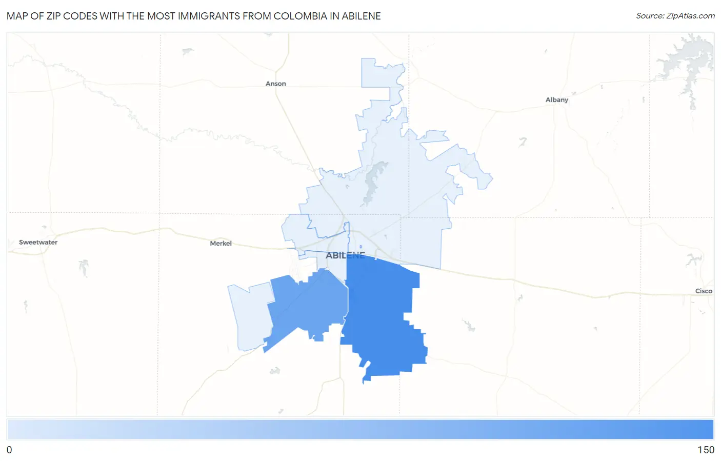 Zip Codes with the Most Immigrants from Colombia in Abilene Map