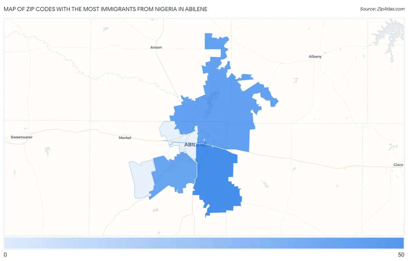 Zip Codes with the Most Immigrants from Nigeria in Abilene Map