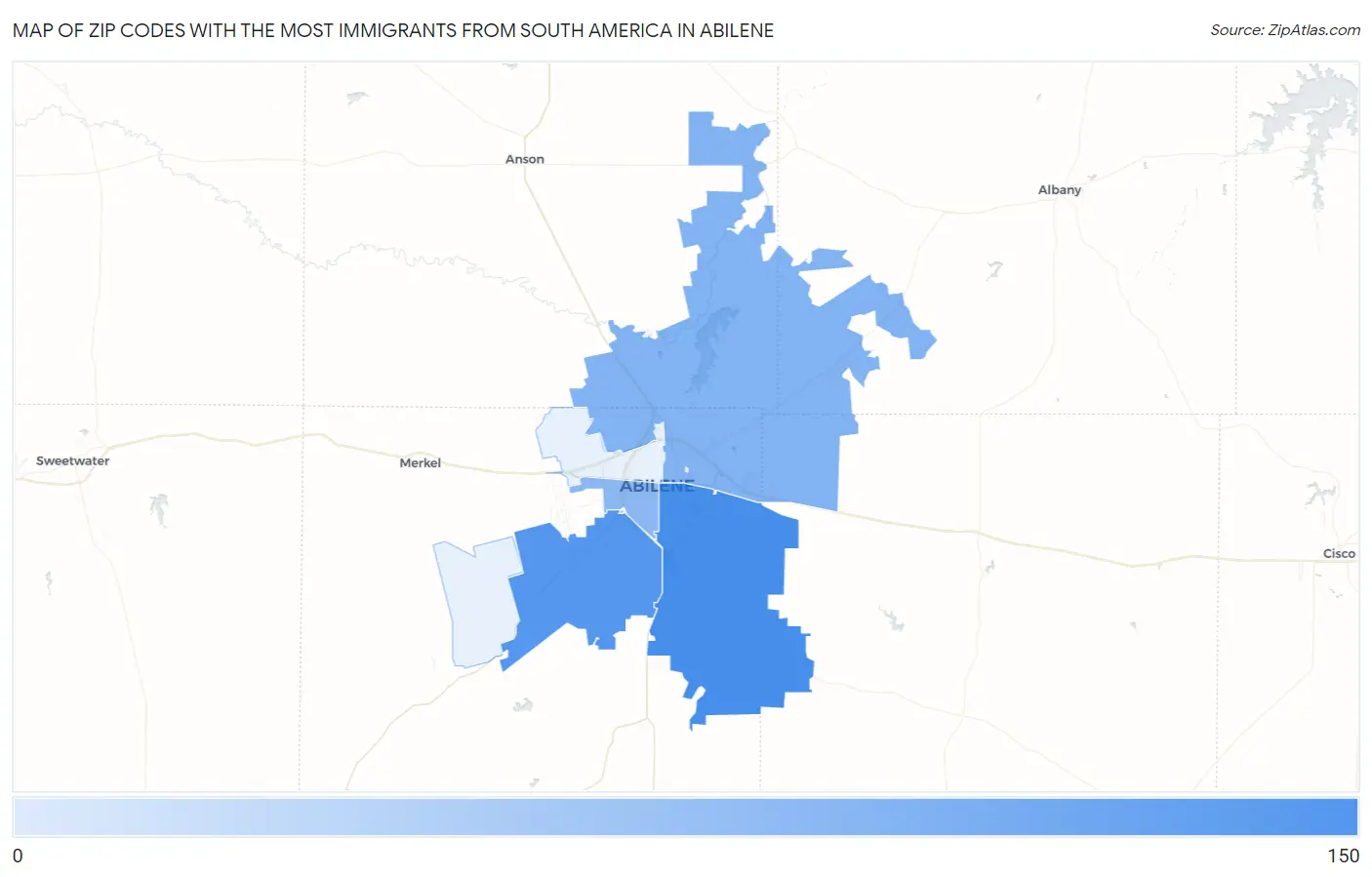 Zip Codes with the Most Immigrants from South America in Abilene Map
