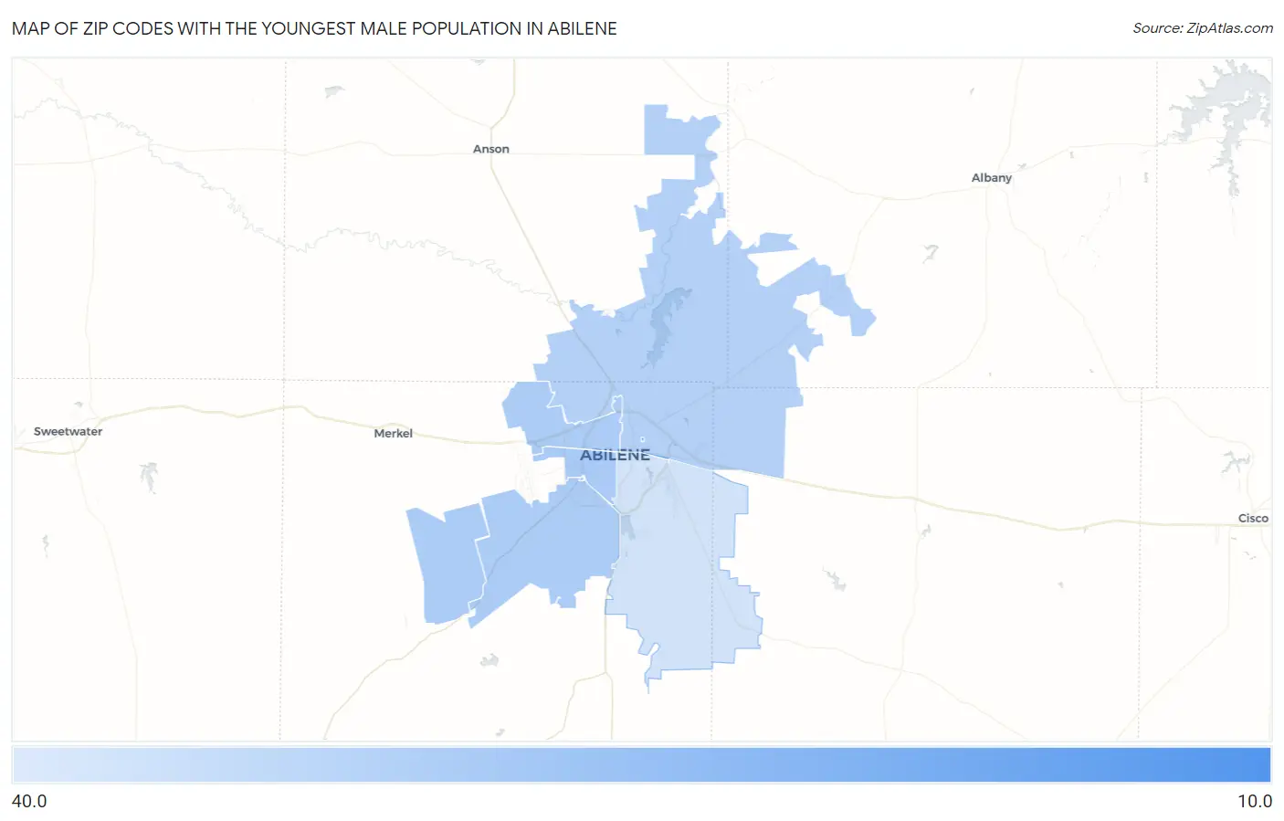 Zip Codes with the Youngest Male Population in Abilene Map