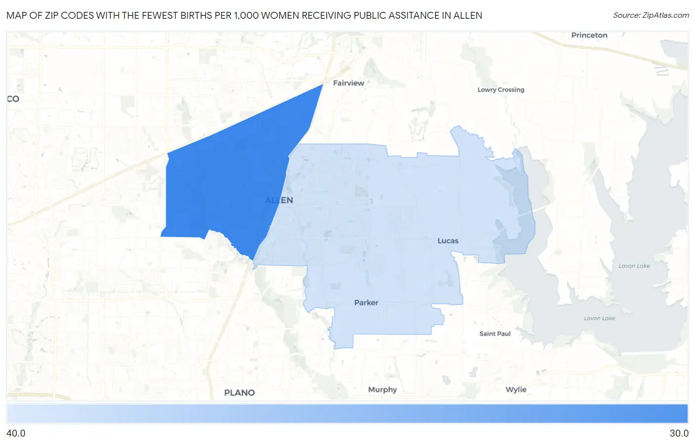 Zip Codes with the Fewest Births per 1,000 Women Receiving Public Assitance in Allen Map