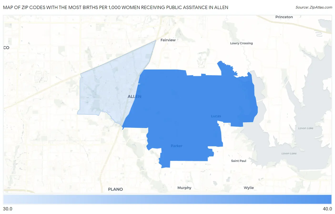Zip Codes with the Most Births per 1,000 Women Receiving Public Assitance in Allen Map