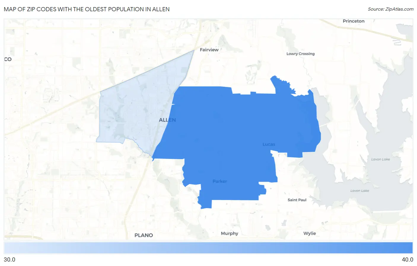 Zip Codes with the Oldest Population in Allen Map