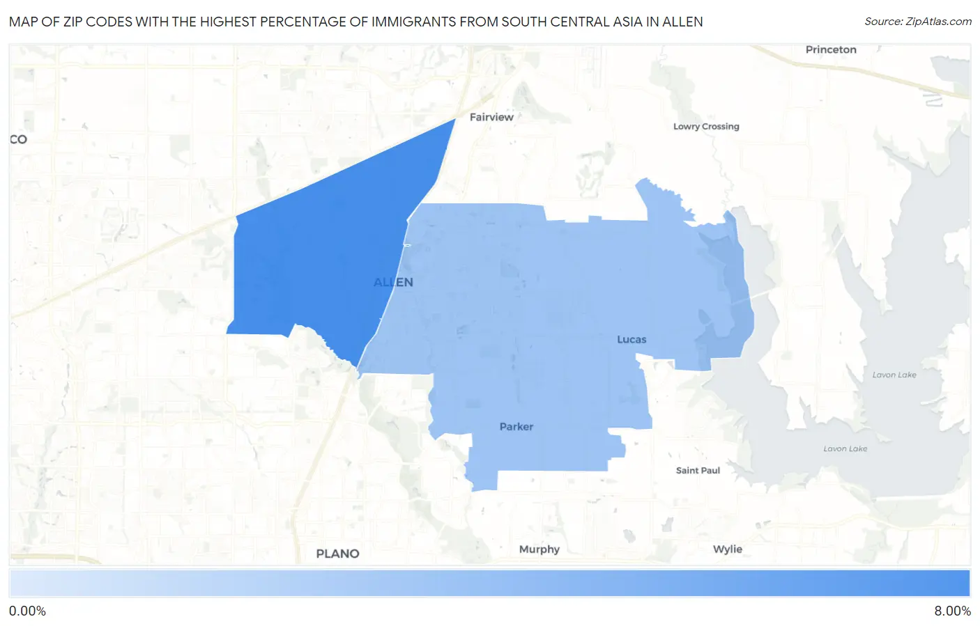 Zip Codes with the Highest Percentage of Immigrants from South Central Asia in Allen Map