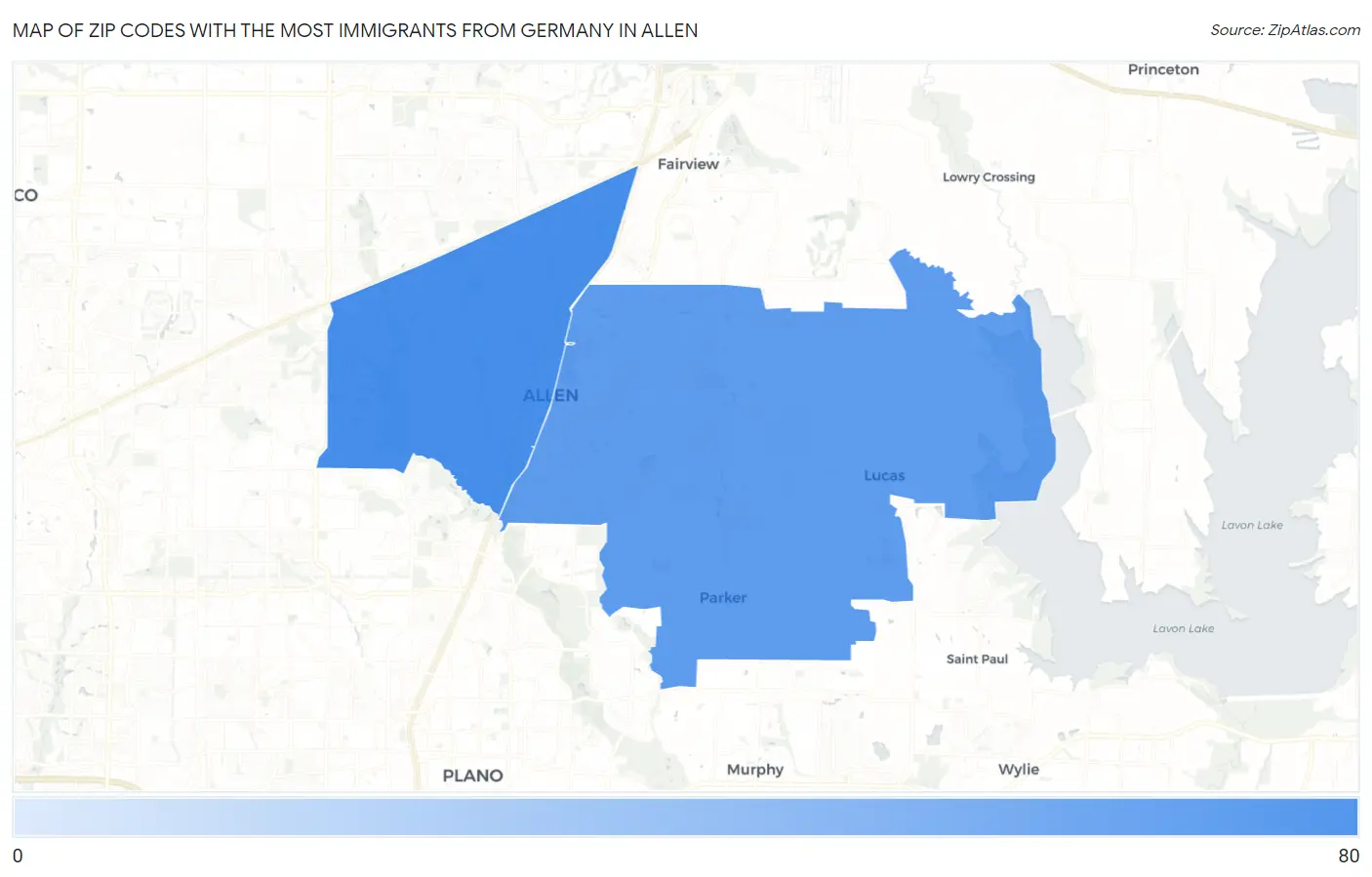 Zip Codes with the Most Immigrants from Germany in Allen Map