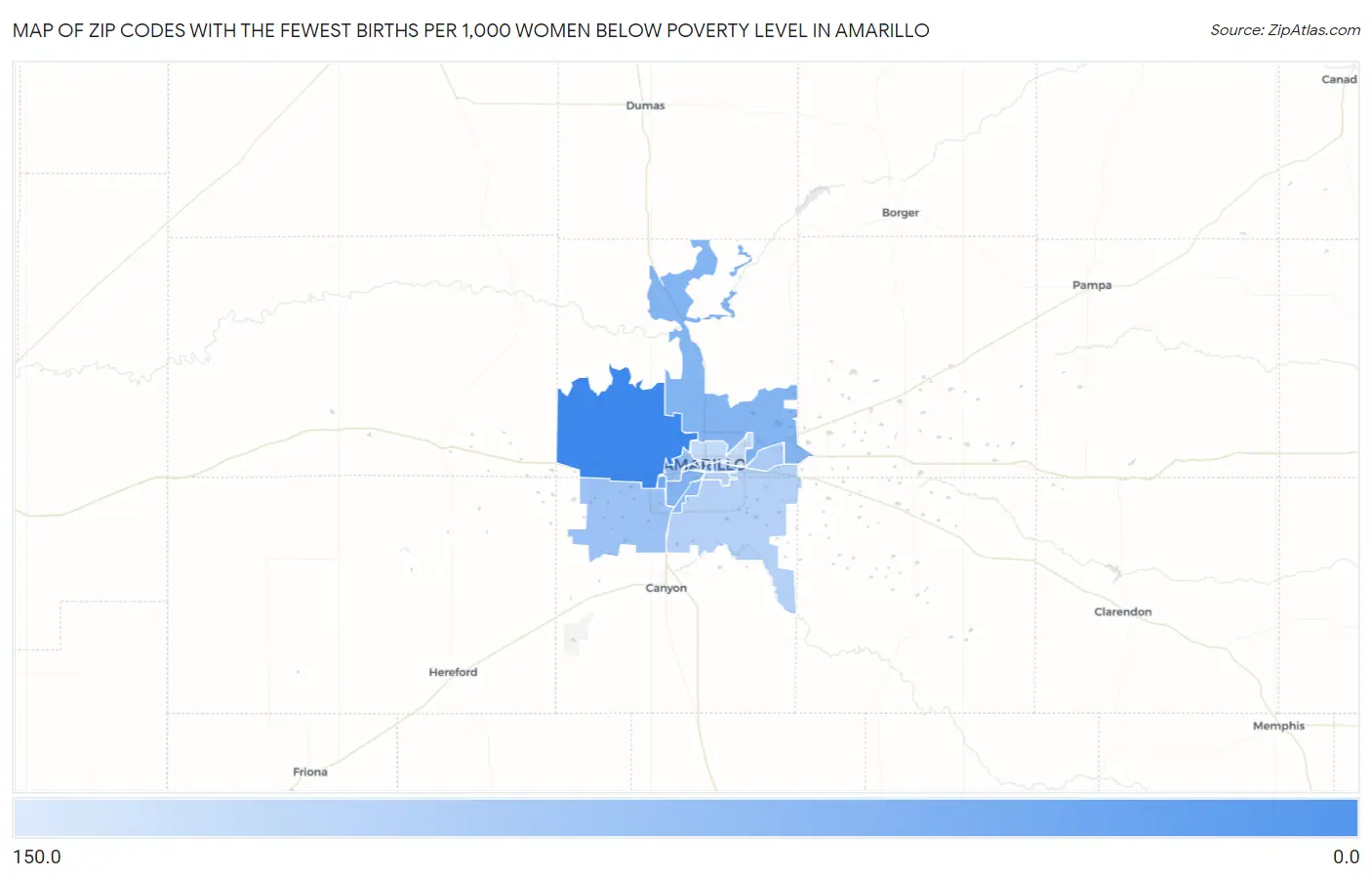 Zip Codes with the Fewest Births per 1,000 Women Below Poverty Level in Amarillo Map
