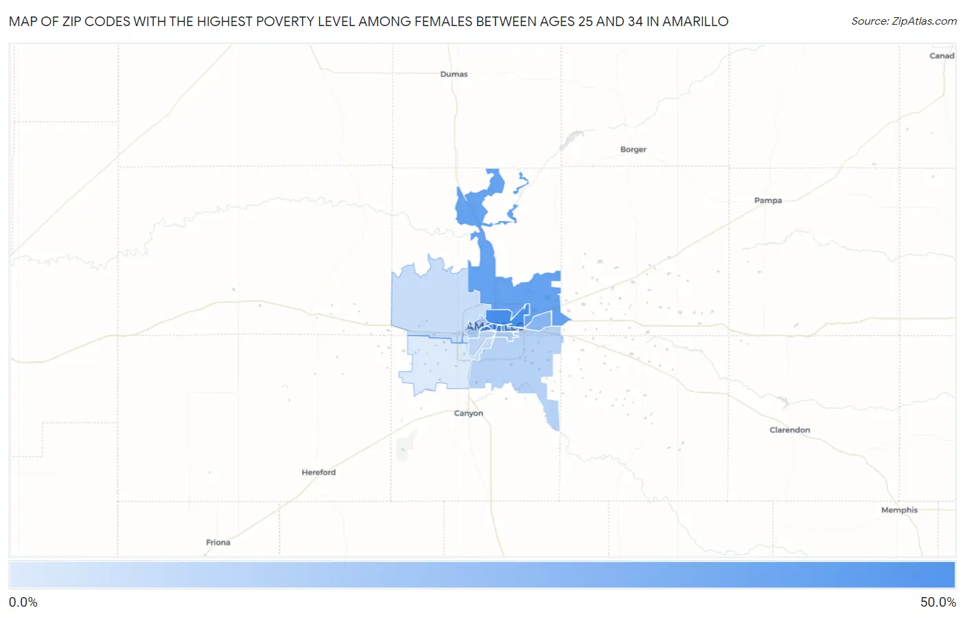 Zip Codes with the Highest Poverty Level Among Females Between Ages 25 and 34 in Amarillo Map