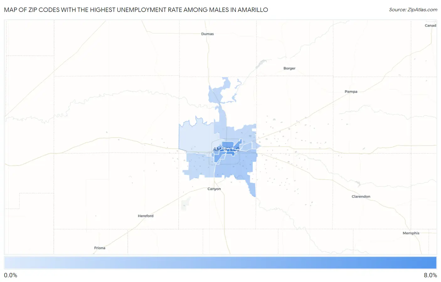 Zip Codes with the Highest Unemployment Rate Among Males in Amarillo Map