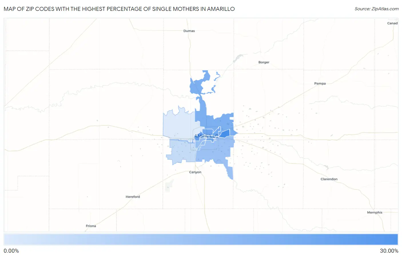 Zip Codes with the Highest Percentage of Single Mothers in Amarillo Map