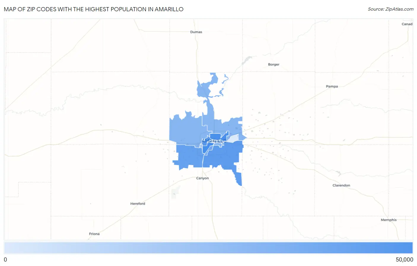 Zip Codes with the Highest Population in Amarillo Map