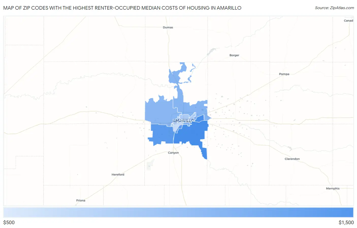 Zip Codes with the Highest Renter-Occupied Median Costs of Housing in Amarillo Map