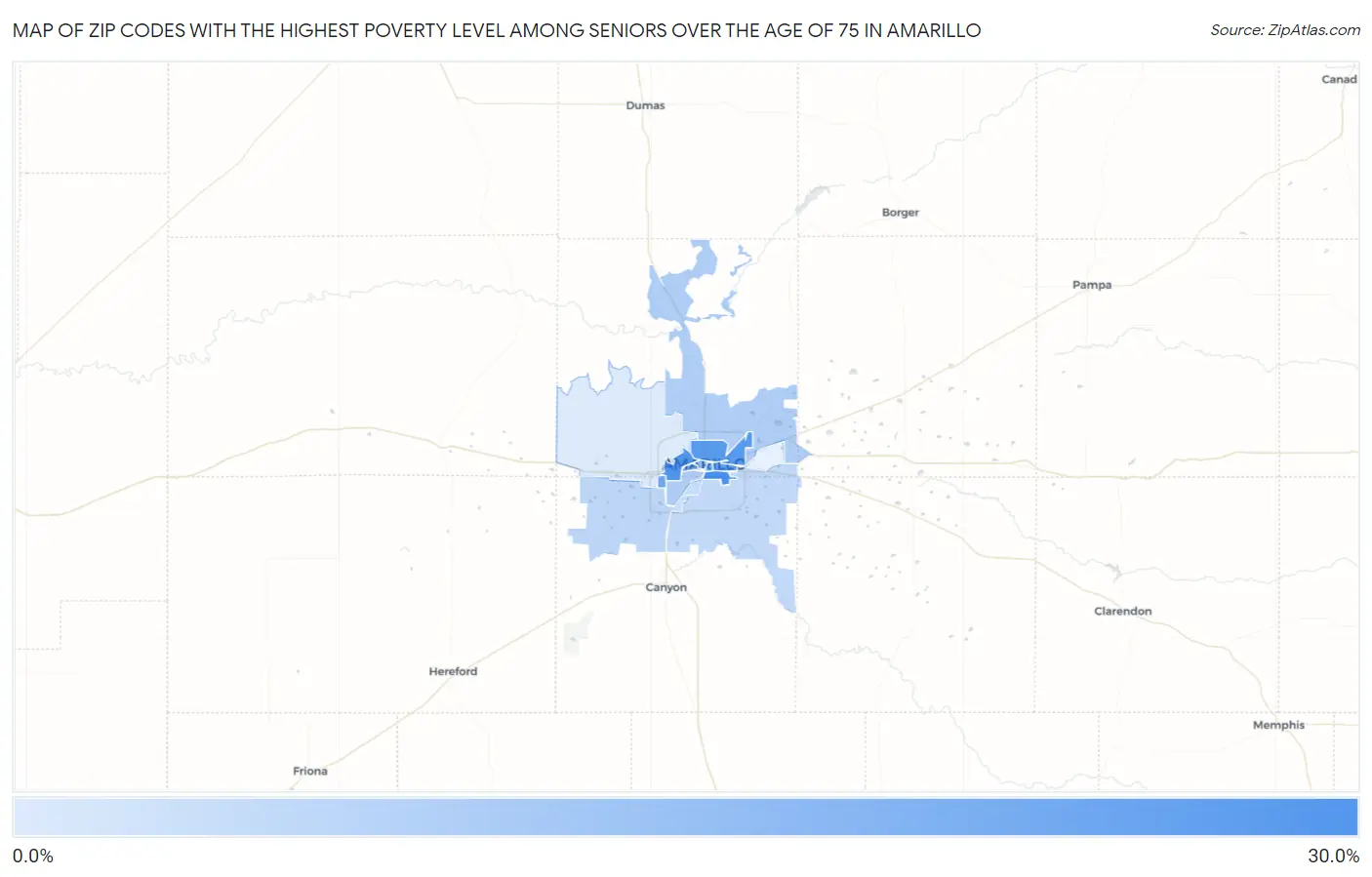 Zip Codes with the Highest Poverty Level Among Seniors Over the Age of 75 in Amarillo Map